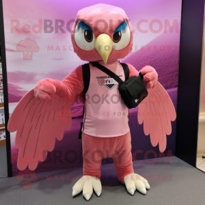 Pink Falcon mascot costume character dressed with a Dress and Backpacks