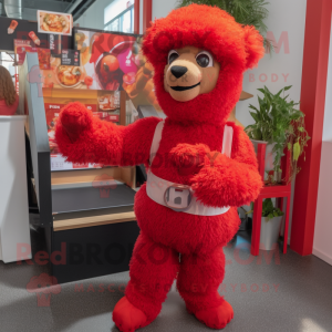Red Alpaca mascot costume character dressed with a Overalls and Anklets