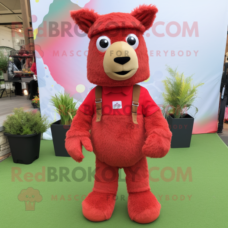Red Alpaca mascot costume character dressed with a Overalls and Anklets Red Alpaca mascot costume character dressed with a Overalls and Anklets