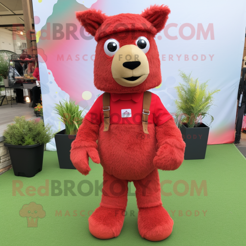 Red Alpaca mascot costume character dressed with a Overalls and Anklets