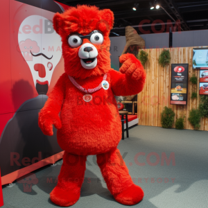 Red Alpaca mascot costume character dressed with a Overalls and Anklets