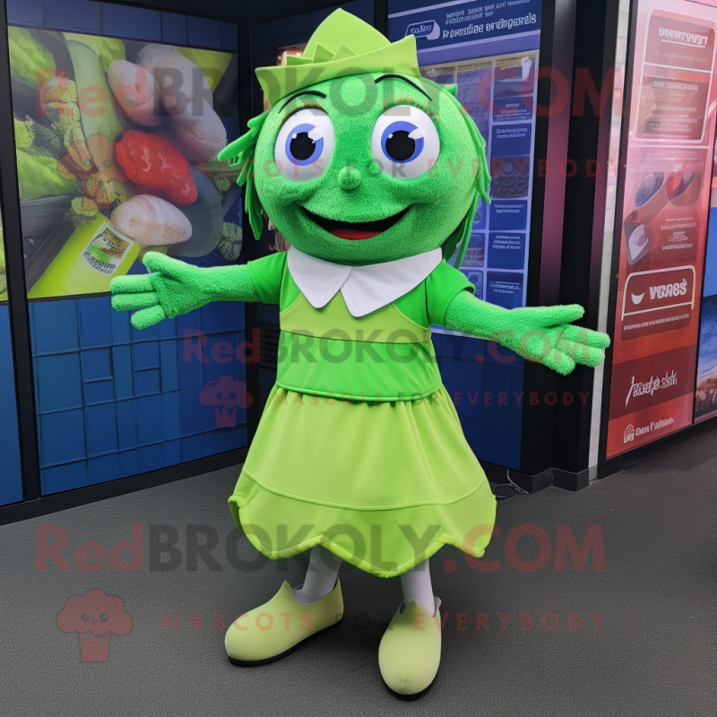 Green Fish And Chips mascot costume character dressed with a A-Line Skirt and Anklets Green Fish And Chips mascot costume character dressed with a A-Line Skirt and Anklets