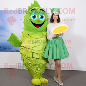 Green Fish And Chips mascot costume character dressed with a A-Line Skirt and Anklets