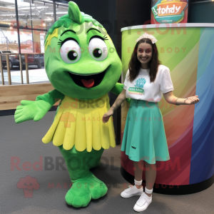 Green Fish And Chips mascot costume character dressed with a A-Line Skirt and Anklets