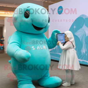 Teal Stellar'S Sea Cow mascot costume character dressed with a A-Line Dress and Smartwatches