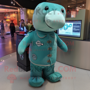 Teal Stellar'S Sea Cow mascot costume character dressed with a A-Line Dress and Smartwatches