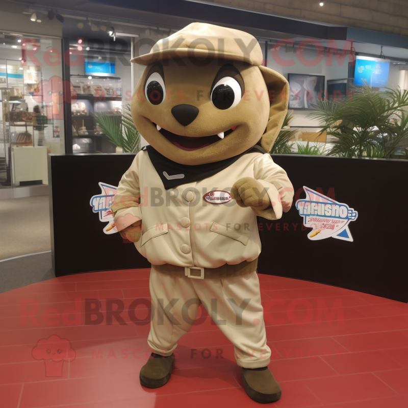 Tan Tuna mascot costume character dressed with a Jacket and Keychains Tan Tuna mascot costume character dressed with a Jacket and Keychains