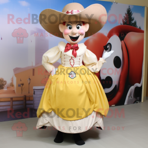 Cream Cowboy mascot costume character dressed with a Ball Gown and Hair clips
