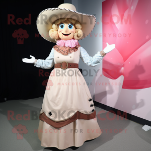 Cream Cowboy mascot costume character dressed with a Ball Gown and Hair clips