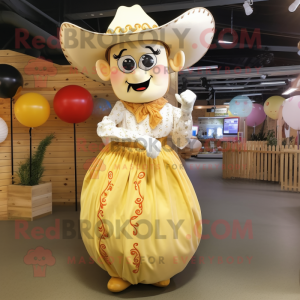 Cream Cowboy mascot costume character dressed with a Ball Gown and Hair clips