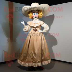 Cream Cowboy mascot costume character dressed with a Ball Gown and Hair clips