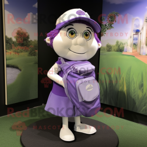 Lavender Golf Bag mascot costume character dressed with a Wrap Skirt and Suspenders