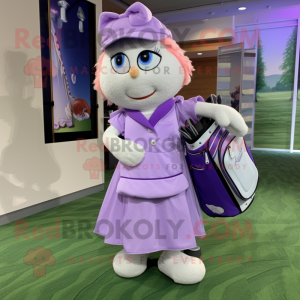 Lavender Golf Bag mascot costume character dressed with a Wrap Skirt and Suspenders