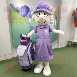 Lavender Golf Bag mascot costume character dressed with a Wrap Skirt and Suspenders