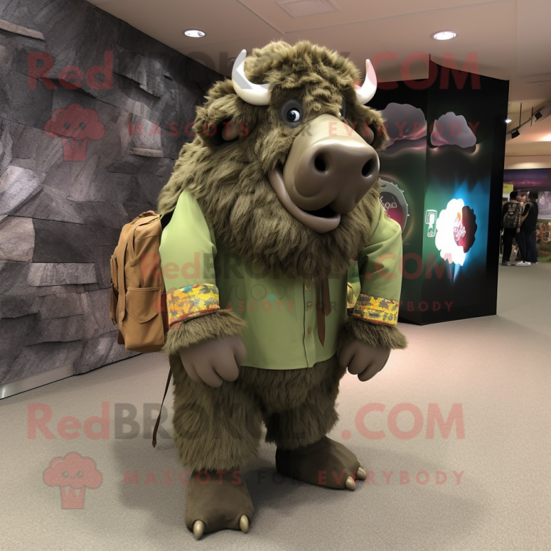 Olive Buffalo mascot costume character dressed with a Dress and Messenger bags