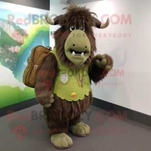 Olive Buffalo mascot costume character dressed with a Dress and Messenger bags