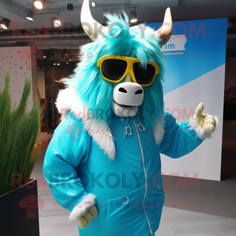 Cyan Yak mascot costume character dressed with a Windbreaker and Sunglasses Cyan Yak mascot costume character dressed with a Windbreaker and Sunglasses