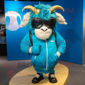 Cyan Yak mascot costume character dressed with a Windbreaker and Sunglasses