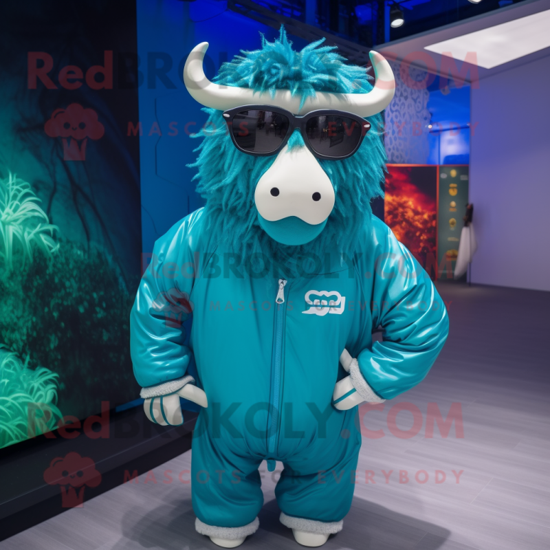 Cyan Yak mascot costume character dressed with a Windbreaker and Sunglasses