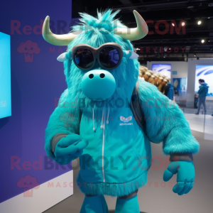 Cyan Yak mascot costume character dressed with a Windbreaker and Sunglasses