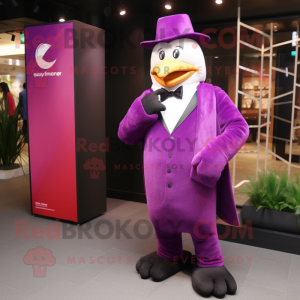 Magenta Penguin mascot costume character dressed with a Suit Jacket and Clutch bags
