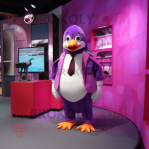 Magenta Penguin mascot costume character dressed with a Suit Jacket and Clutch bags