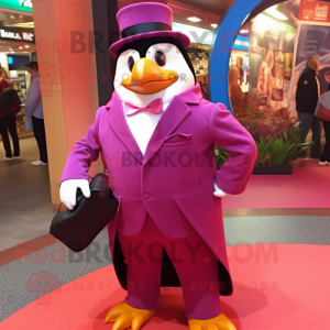 Magenta Penguin mascot costume character dressed with a Suit Jacket and Clutch bags