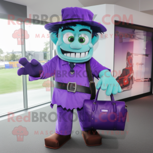 Purple Frankenstein mascot costume character dressed with a Chinos and Handbags