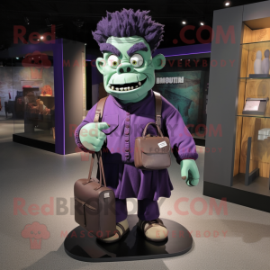 Purple Frankenstein mascot costume character dressed with a Chinos and Handbags