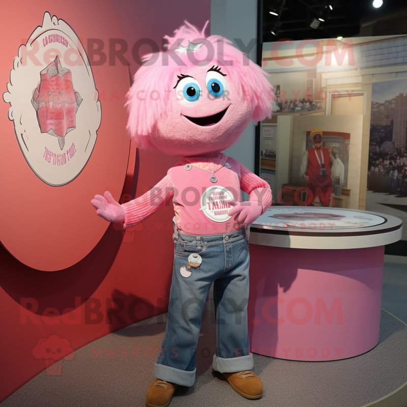Pink Engagement Ring mascot costume character dressed with a Mom Jeans and Shawl pins