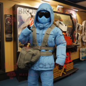 Sky Blue Gi Joe mascot costume character dressed with a Parka and Handbags