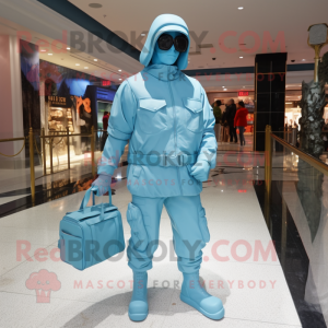 Sky Blue Gi Joe mascot costume character dressed with a Parka and Handbags