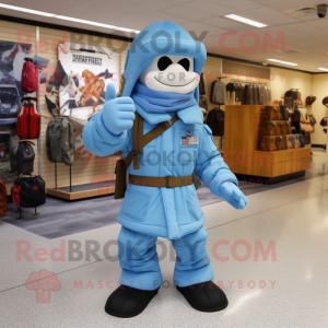 Sky Blue Gi Joe mascot costume character dressed with a Parka and Handbags