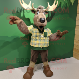 Olive Irish Elk mascot costume character dressed with a Oxford Shirt and Mittens