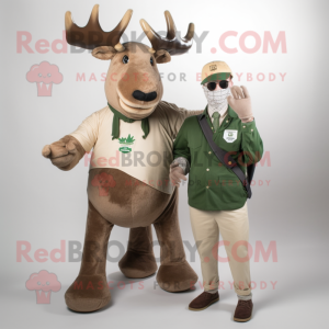 Olive Irish Elk mascot costume character dressed with a Oxford Shirt and Mittens