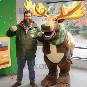 Olive Irish Elk mascot costume character dressed with a Oxford Shirt and Mittens