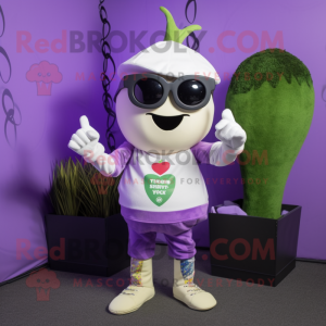 Lavender Turnip mascot costume character dressed with a Graphic Tee and Sunglasses
