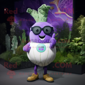 Lavender Turnip mascot costume character dressed with a Graphic Tee and Sunglasses