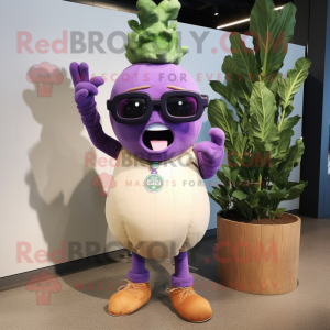 Lavender Turnip mascot costume character dressed with a Graphic Tee and Sunglasses