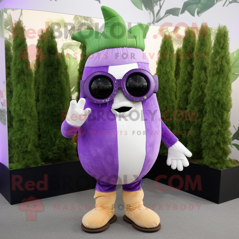 Lavender Turnip mascot costume character dressed with a Graphic Tee and Sunglasses