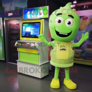 Lime Green Television mascot costume character dressed with a Mom Jeans and Coin purses