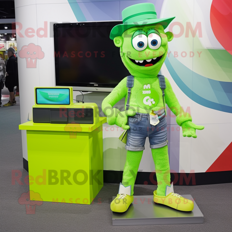 Lime Green Television mascot costume character dressed with a Mom Jeans and Coin purses