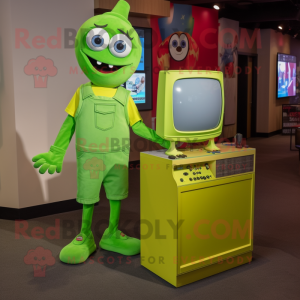 Lime Green Television mascot costume character dressed with a Mom Jeans and Coin purses