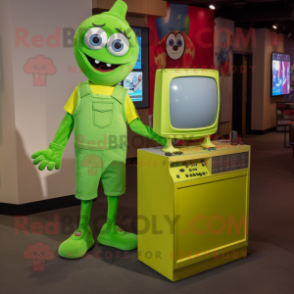 Lime Green Television mascot costume character dressed with a Mom Jeans and Coin purses