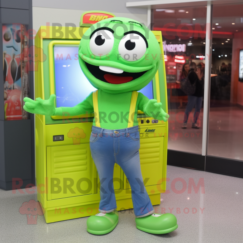 Lime Green Television mascot costume character dressed with a Mom Jeans and Coin purses