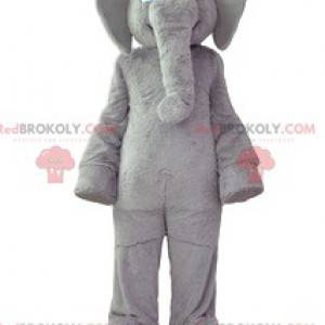 Gray elephant mascot with a soft coat and a big smile -