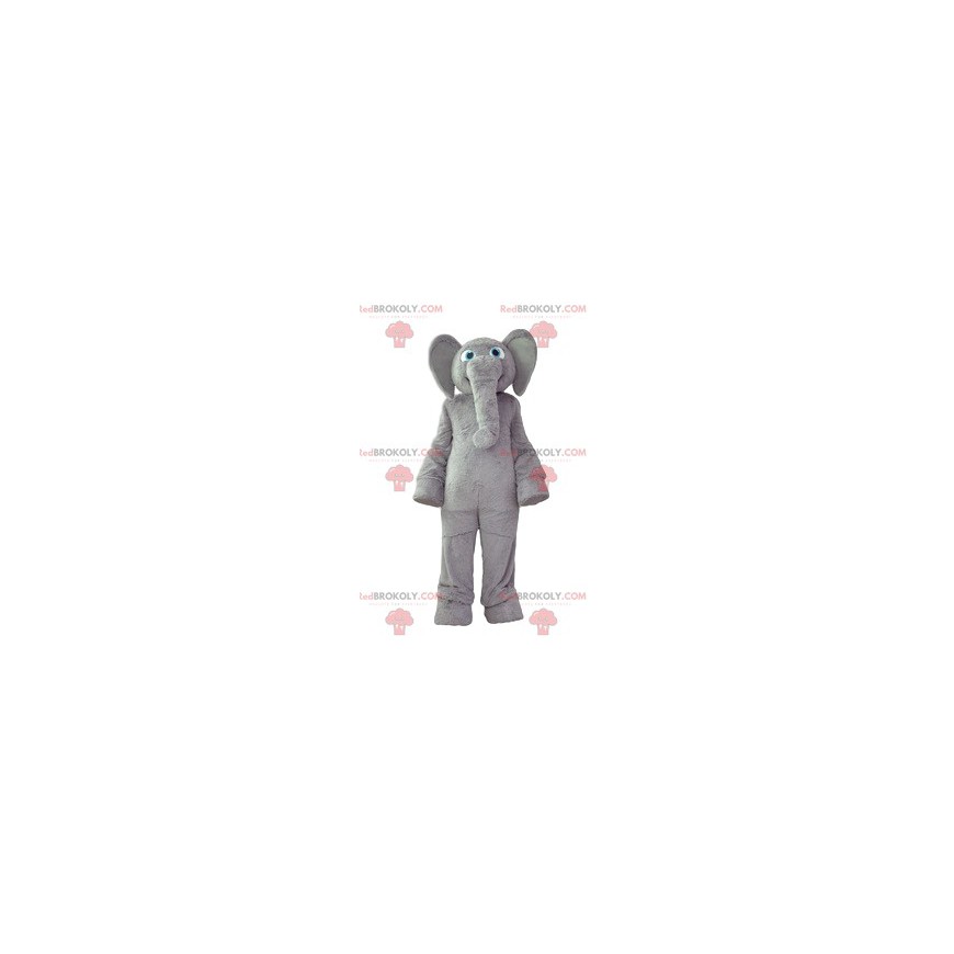 Mascota elefante gris con un abrigo suave y una gran sonrisa -