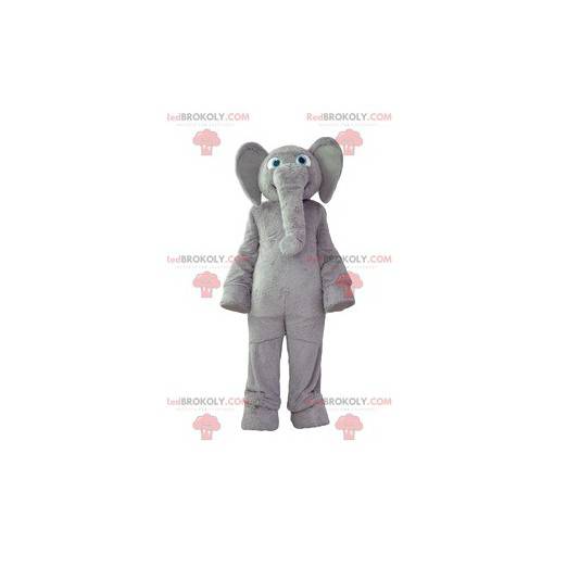 Gray elephant mascot with a soft coat and a big smile -