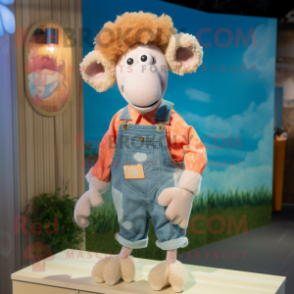 Peach Merino Sheep mascot costume character dressed with a Chambray Shirt and Brooches