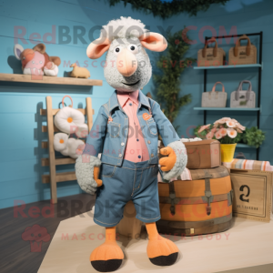 Peach Merino Sheep mascot costume character dressed with a Chambray Shirt and Brooches